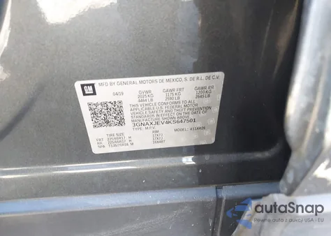 2019 Chevrolet Equinox Lt z USA, uszkodzony, nr VIN 3GNAXJEV4KS647501